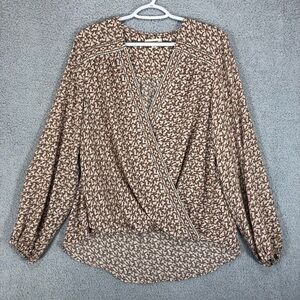 Max Studio Women's Crepe Long Sleeve Faux Wrap Blouse Size XL Boho Western Flowy